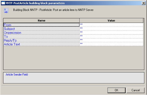 NNTP-PostArticle Building Block Parameters Dialog Box