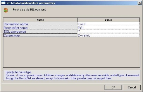 Fetch Data Building Block Parameters Dialog Box