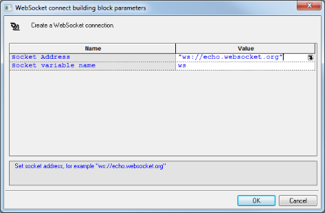 WebSocket Connect Building Block Parameters Dialog Box