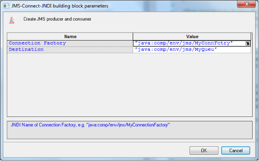 JMS-Connect-JNDI Building Block Parameters Dialog Box