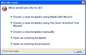 WebLOAD Console Startup Dialog Box