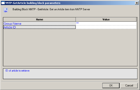 NNTP-GetArticle Building Block Parameters Dialog Box