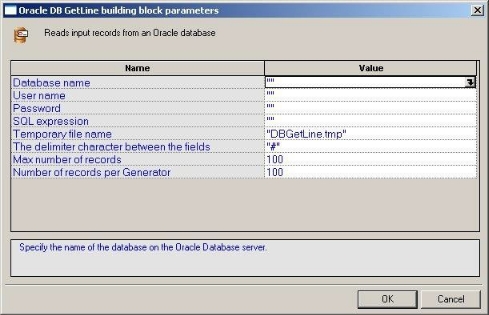 Oracle DB GetLine Building Block Parameters Dialog Box