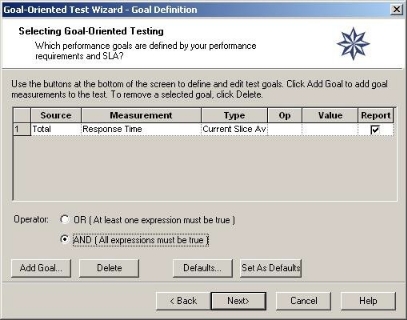 Selecting Goal-Oriented Test Performance Goals Dialog Box