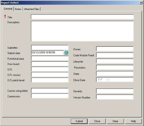 Report Defect – General Tab