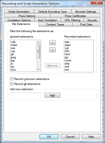 Recording and Script Generation Options Dialog Box – File Extensions Tab