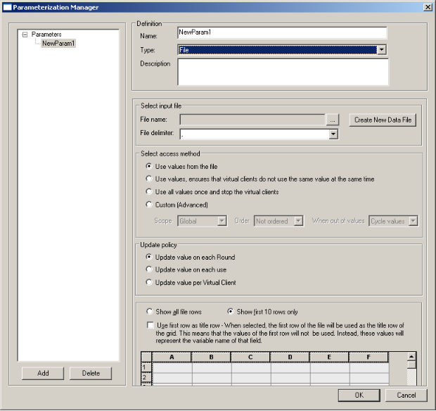 Parameterization Manager – File Dialog Box