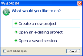 WebLOAD Recorder Startup Dialog Box