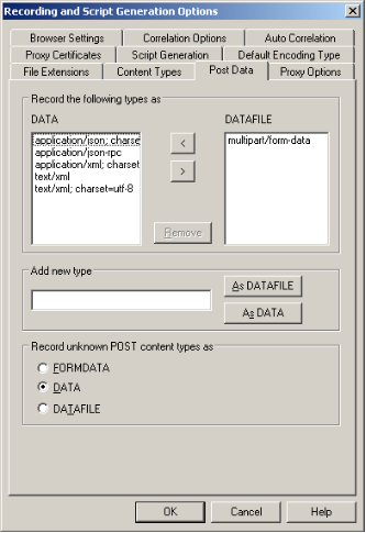 Recording and Script Generation Options – Post Data Tab