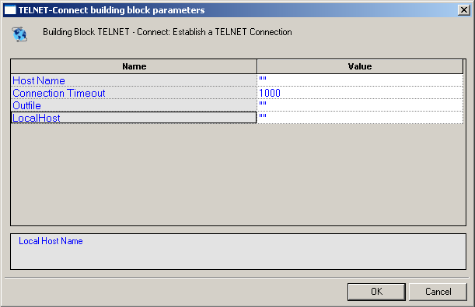 TELNET-Connect Building Block Parameters Dialog Box