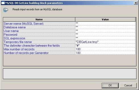 MySQL DB GetLine Building Block Parameters Dialog Box