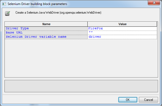 Selenium Driver Building Block Parameters Dialog Box