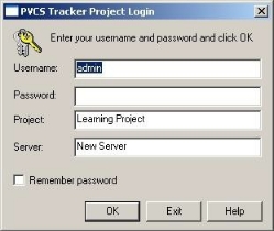 PVCS Tracker Project Login Dialog Box