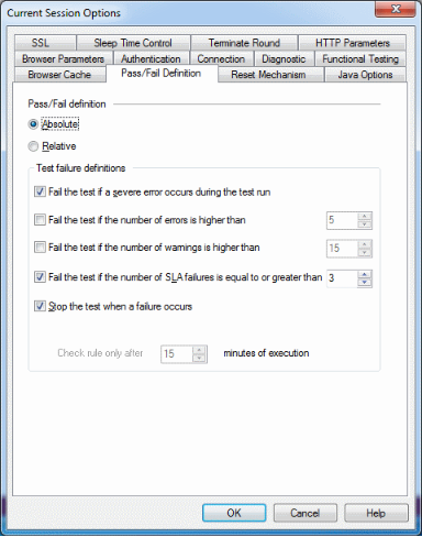 Current Session Options Pass/Fail Definition Tab