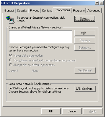 Internet Properties – Connections Tab