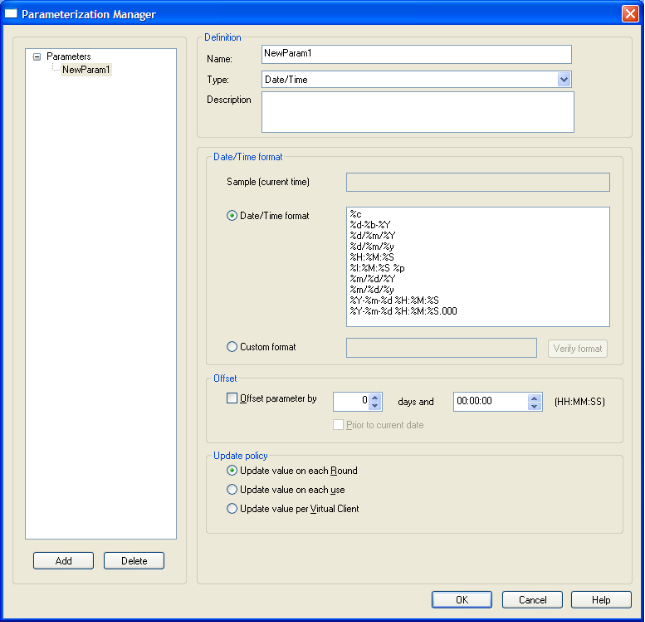 Parameterization Manager – Date/Time Dialog Box