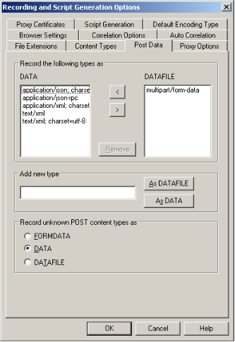 Recording and Script Generation Options – Post Data Tab