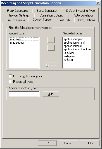 Recording and Script Generation Options – Content Types Tab