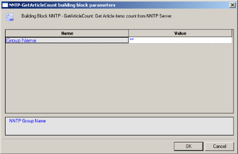 NNTP-GetArticleCount Building Block Parameters Dialog Box