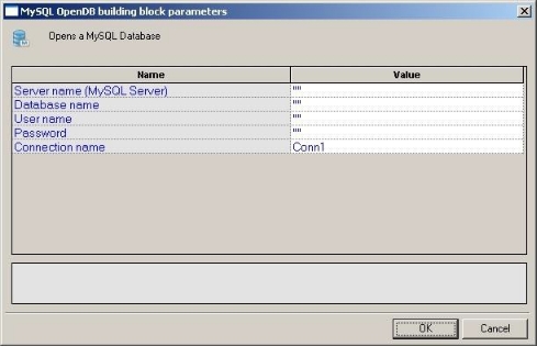 MySQL OpenDB Building Block Parameters Dialog Box