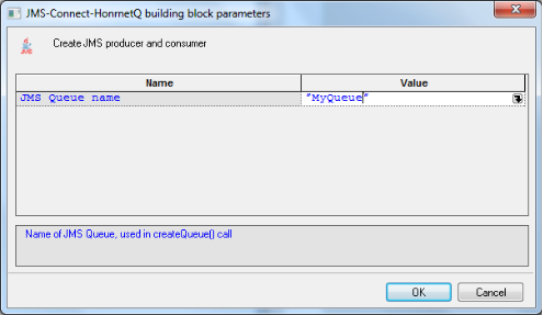JMS-Connect-HornetQ Building Block Parameters Dialog Box