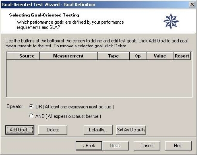Selecting Goal-Oriented Test Performance Goals Dialog Box