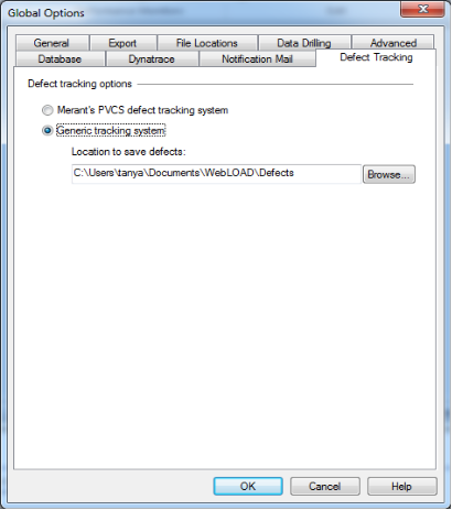 Global Options Defect Tracking Tab