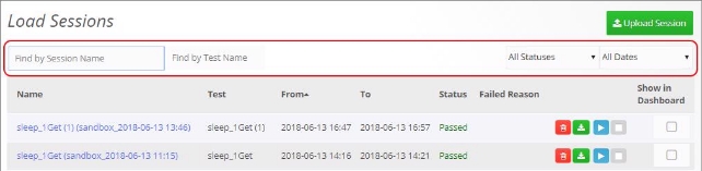 Options for filtering the Load Sessions list