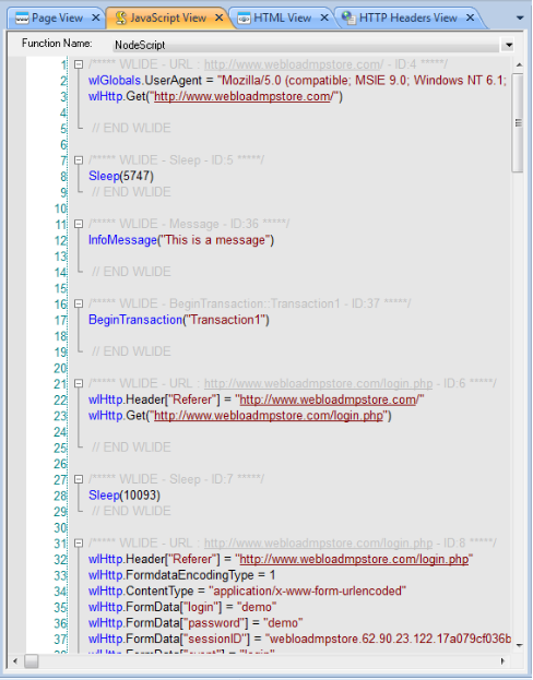Recorded Actions in JavaScript View Pane