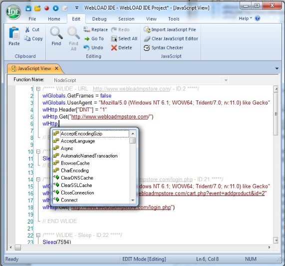 wlHttp Drop-Down List of Available Properties and Objects in IntelliSense Editor