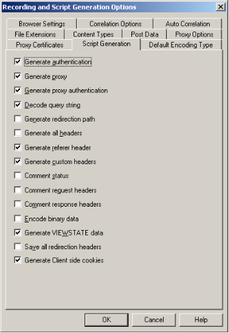 Recording and Script Generation Options - Script Generation Tab