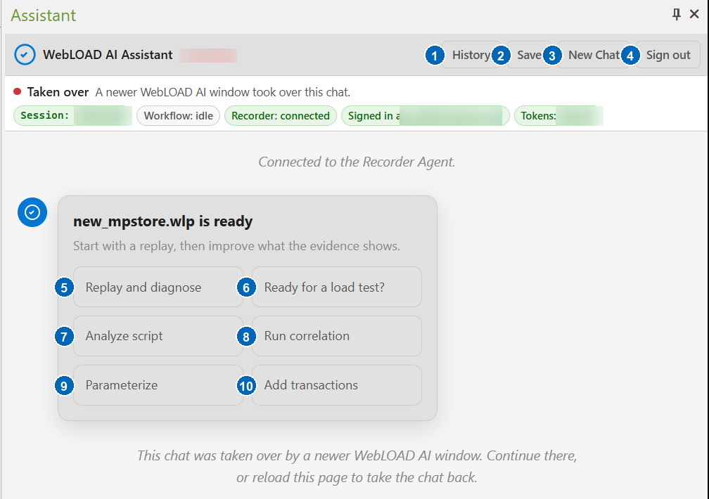 WebLOAD AI Assistant main-window actions